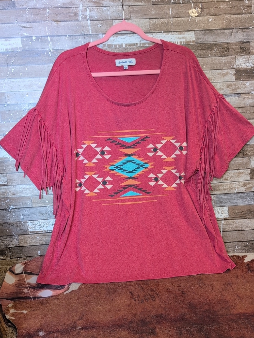 Panhandle Slim Heathered Red Aztec Fringed Scoop Neck Graphic Tee